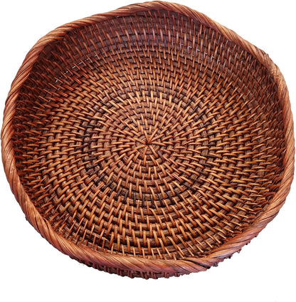 Handmade Rattan Round Fruit Basket Food Storage Bowls Kitchen Organizer Snack Serving Bowl 9 Inch Wavy Edge Circle Tray Basket with 2” Deep Wall, Dark Brown Décor Display Tray Bowl, S