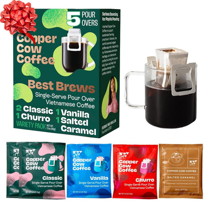 Copper Cow Coffee Premium Pour Over Single-Serve Vietnamese Coffee | Best Brews Variety Pack (Includes 5 coffees) | Classic Black, Churro, Vanilla, & Salted Caramel, Travel Friendly