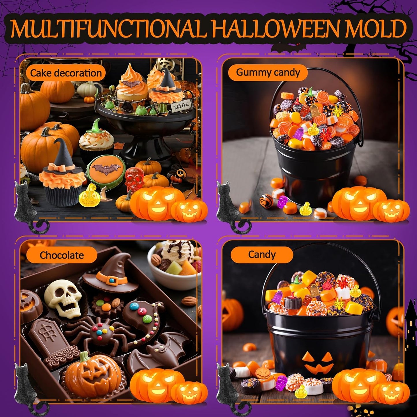 2 Pack Halloween Chocolate Molds, 18-Cavity Candy Molds with Skull Pumpkin Wizard Hat Bat Spider Tombstone for Chocolate Candy Gummy Jelly, Reusable Nonstick Halloween Molds for Baking