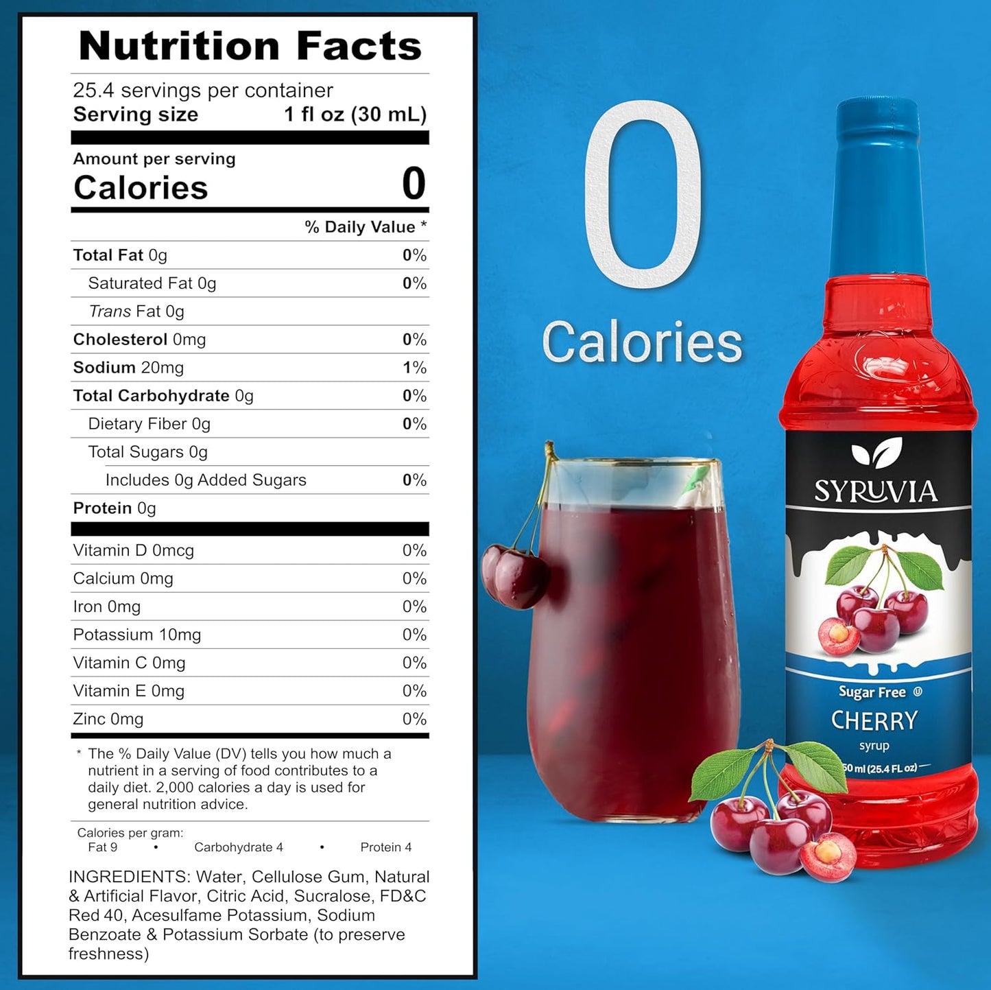 Syruvia Sugar-Free Cherry Syrup, Flavored Syrup for Drinks, Cocktails, Lemonades, Iced Teas, and Desserts – 25.4 fl oz