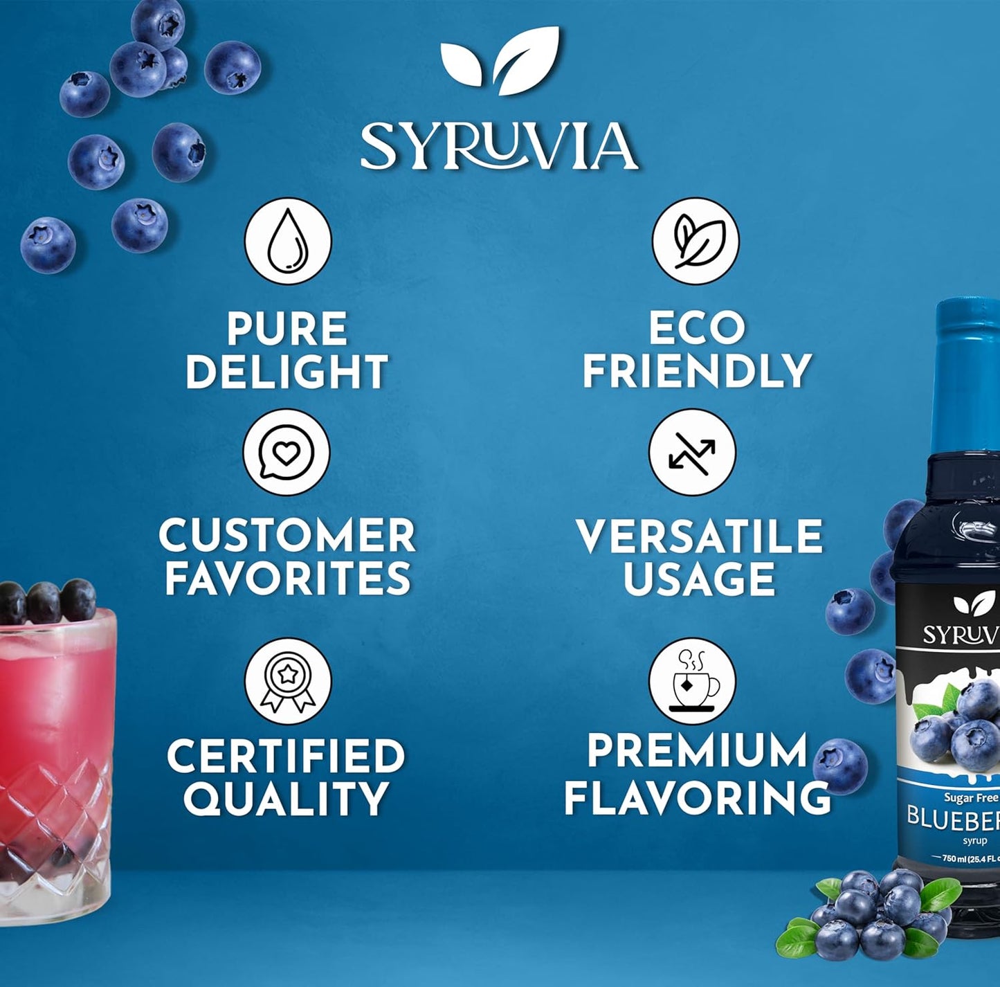 Syruvia Sugar-Free Blueberry Syrup, Flavored Syrup for Drinks, Cocktails, Lemonades, Iced Teas, and Desserts – 25.4 fl oz