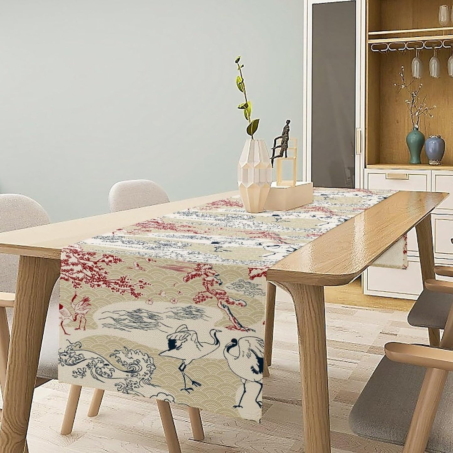 Japanese Crane Table Runner Chinoiserie Vintage Asian Landscape Mountain for Wedding Party Holiday Kitchen Dining Home Party, 13x108 Inch