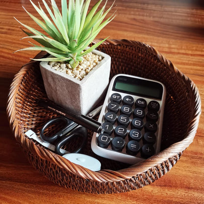 Handmade Rattan Round Fruit Basket Food Storage Bowls Kitchen Organizer Snack Serving Bowl 9 Inch Wavy Edge Circle Tray Basket with 2” Deep Wall, Dark Brown Décor Display Tray Bowl, S