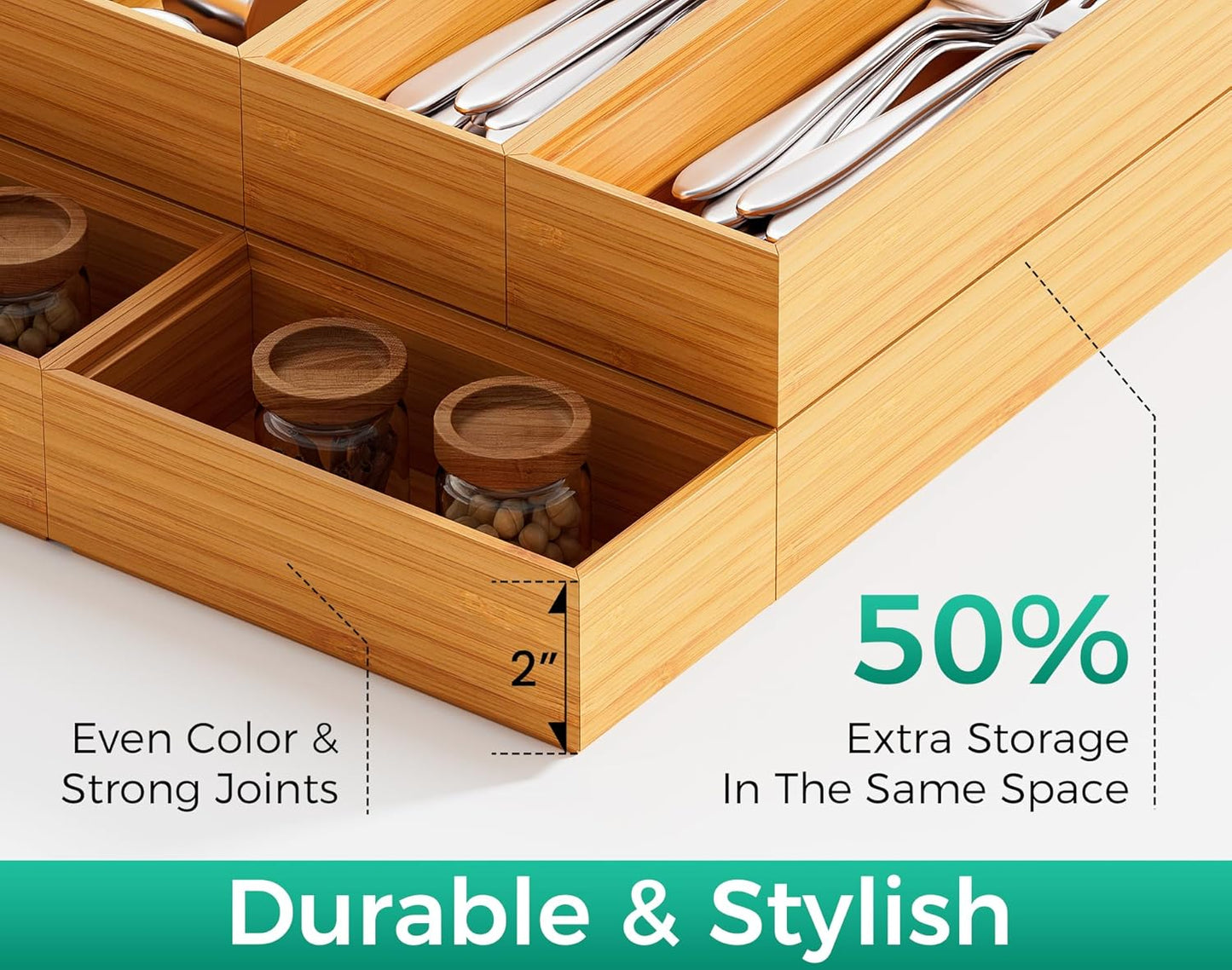 Bamboo Kitchen Drawer Organizer Boxes – Stackable Wood Silverware Utensil Tray for Drawers Bins, Cutlery & Flatware Storage – Wooden Organizers Set of 2, 12" x 6" x 2" for Junk Drawer, Bathroom, RV