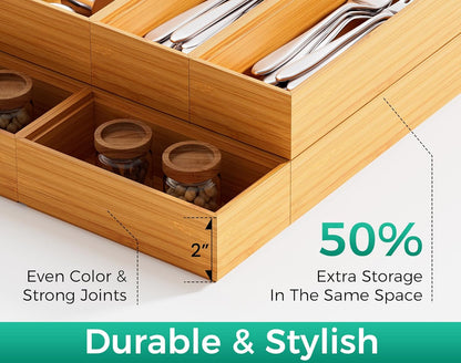 Bamboo Kitchen Drawer Organizer Boxes – Stackable Wood Silverware Utensil Tray for Drawers Bins, Cutlery & Flatware Storage – Wooden Organizers Set of 2, 12" x 6" x 2" for Junk Drawer, Bathroom, RV
