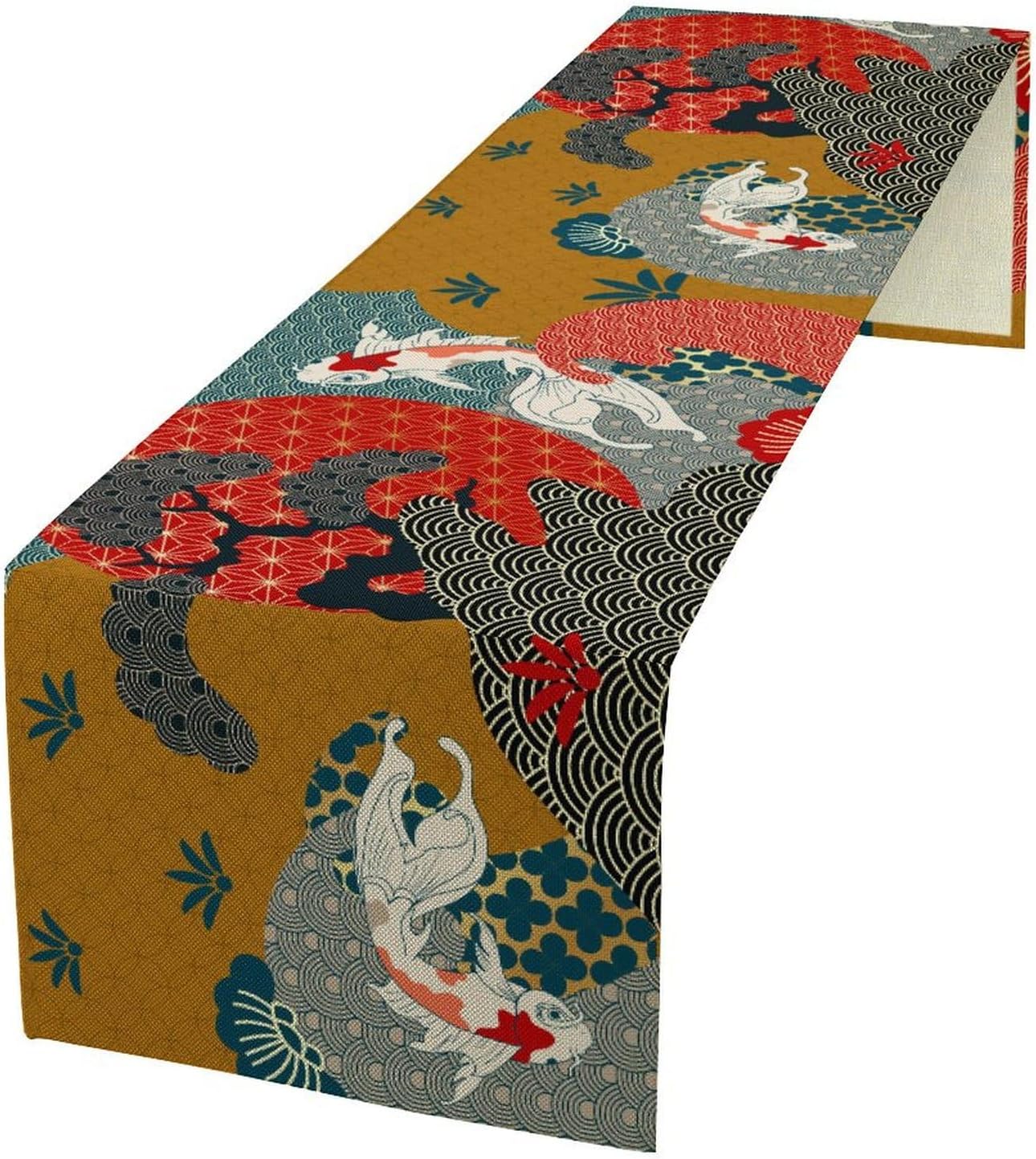 Japanese Koi Table Runner, Luxury Asian Style Oriental Line Art Abstract Geometry Cherry Blossoms Wave Traditional Elements Table Runner for Kitchen Home Party Dinner Set, 13x36 Inch