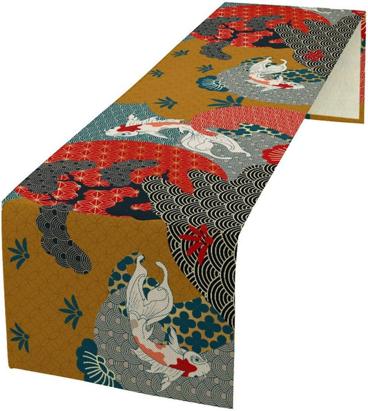 Japanese Koi Table Runner, Luxury Asian Style Oriental Line Art Abstract Geometry Cherry Blossoms Wave Traditional Elements Table Runner for Kitchen Home Party Dinner Set, 13x36 Inch