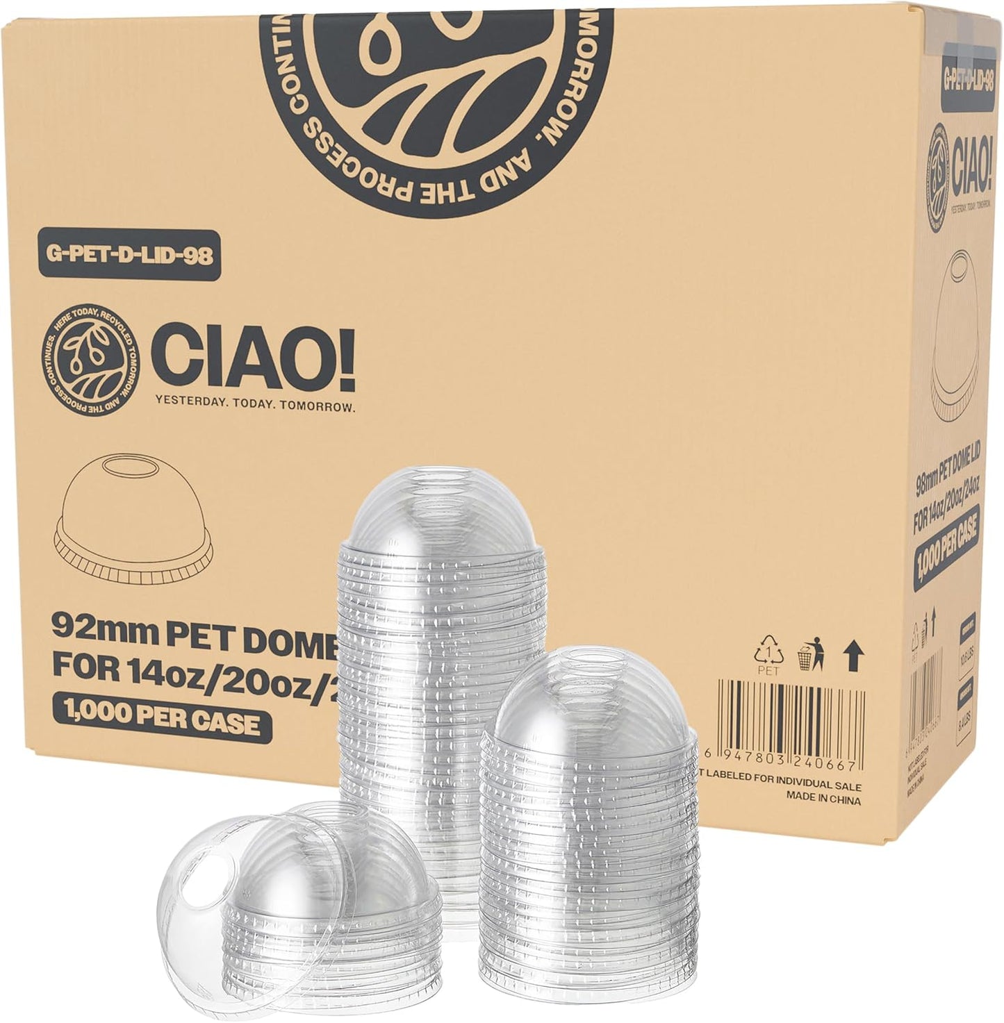 CIAO! PET Dome Lid with Straw Slot, Designed and Fit for 14OZ/16OZ/20OZ/24OZ PET Cold Drink Cups, 98mm (Case of 1,000)
