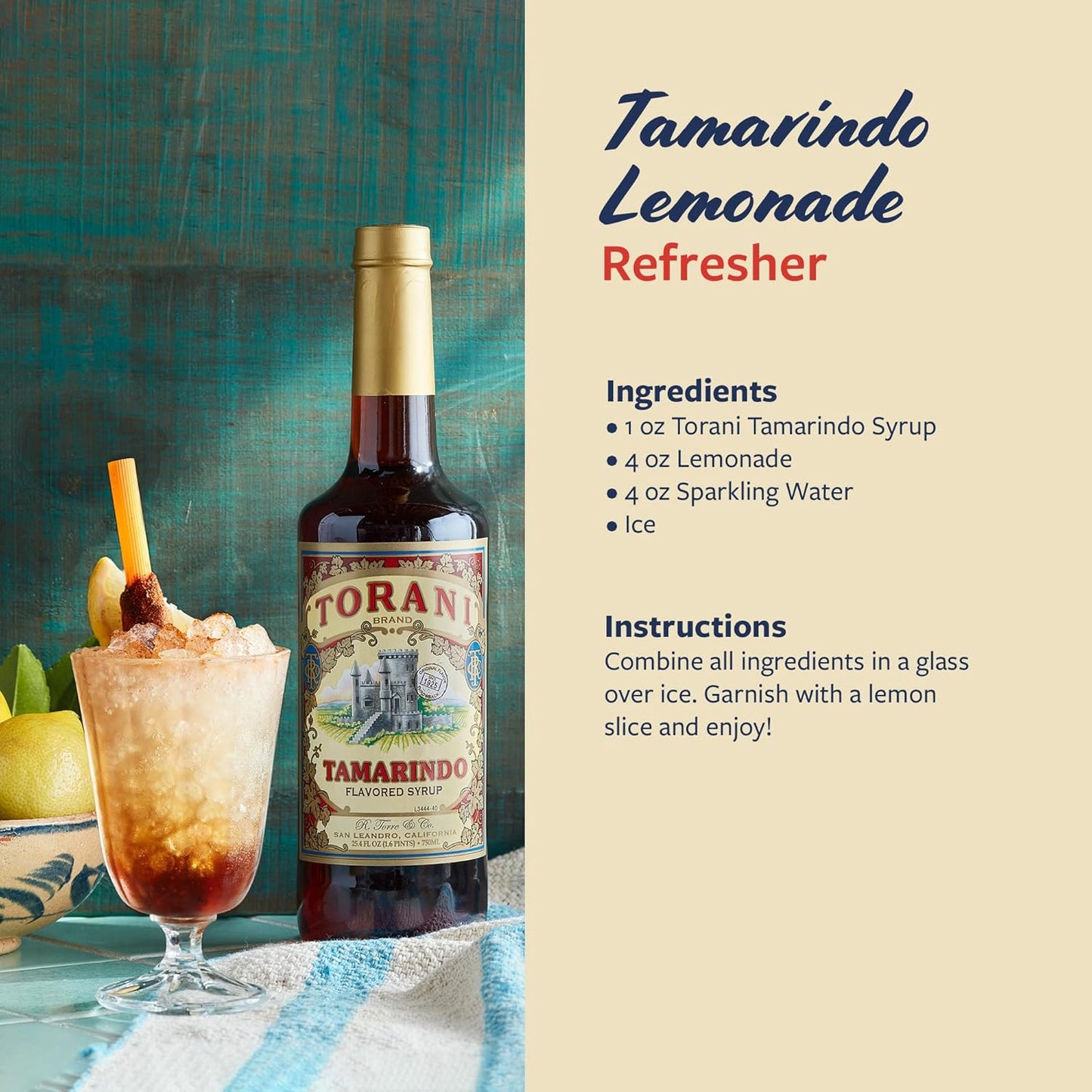 Torani Tamarindo Syrup, 100th Anniversary Flavor for Drinks, Glass Bottle with Pump Included, 25.4 Fl Oz