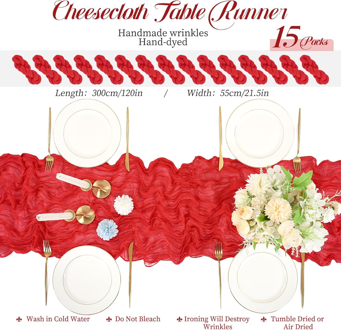 15 Packs Cheesecloth Table Runner Red, 13 Ft Rustic Gauze Boho Wedding Table Runner Decoration, Wedding Table Decor Table Cloth for Wedding Party Bridal Shower Table,21.5x157in