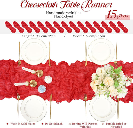 15 Packs Cheesecloth Table Runner Red, 13 Ft Rustic Gauze Boho Wedding Table Runner Decoration, Wedding Table Decor Table Cloth for Wedding Party Bridal Shower Table,21.5x157in