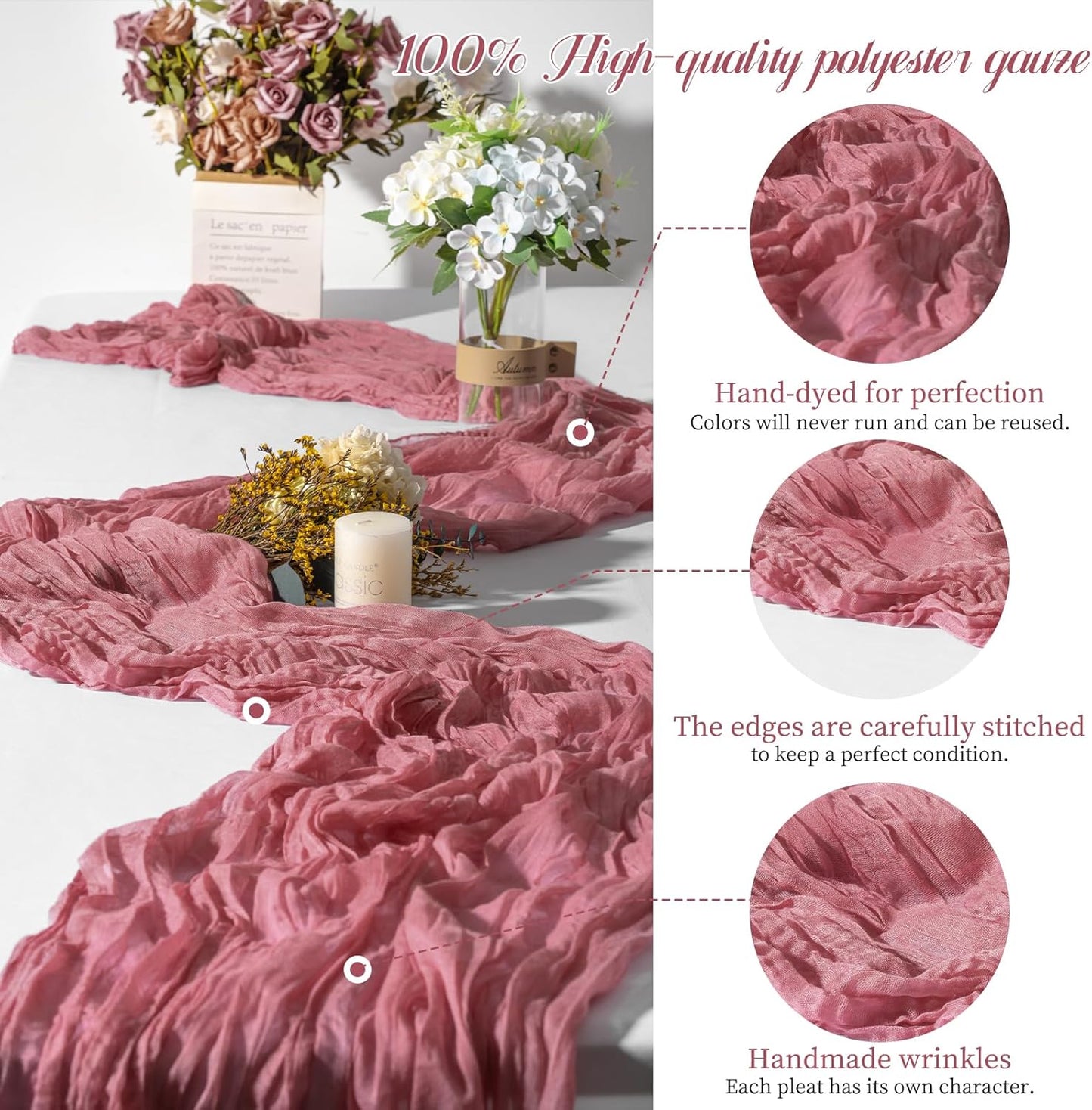 15 Packs Cheesecloth Table Runner Dusty Rose,10 Ft Dark Pink Rustic Gauze Boho Wedding Table Runner Decoration, Wedding Table Decor Table Cloth for Wedding Party Bridal Shower Table,21.5x120in