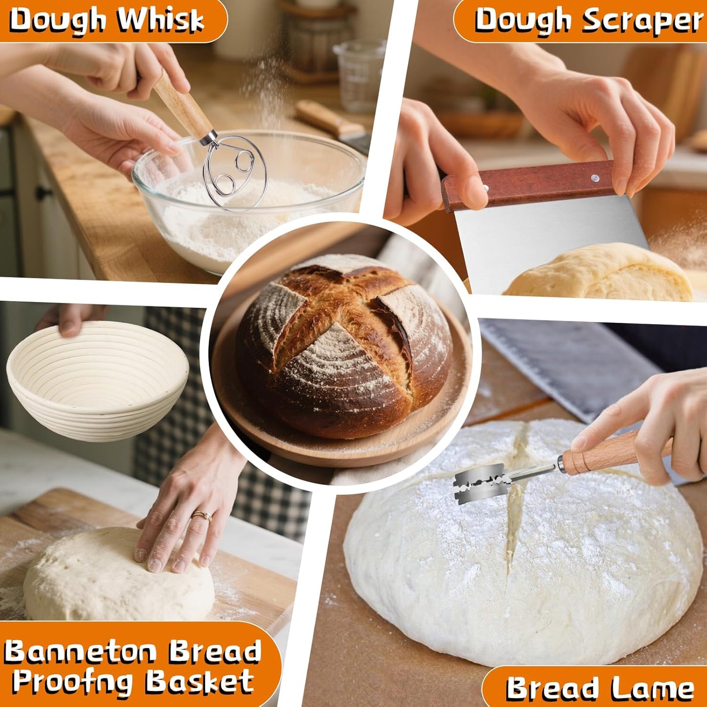 Banneton Bread Proofing Basket - Banneton Basket Set Sourdough Proofing Basket Round Proofing Bowls Handmade Rattan Baskets and Liners (Oval & Round Gift Set)