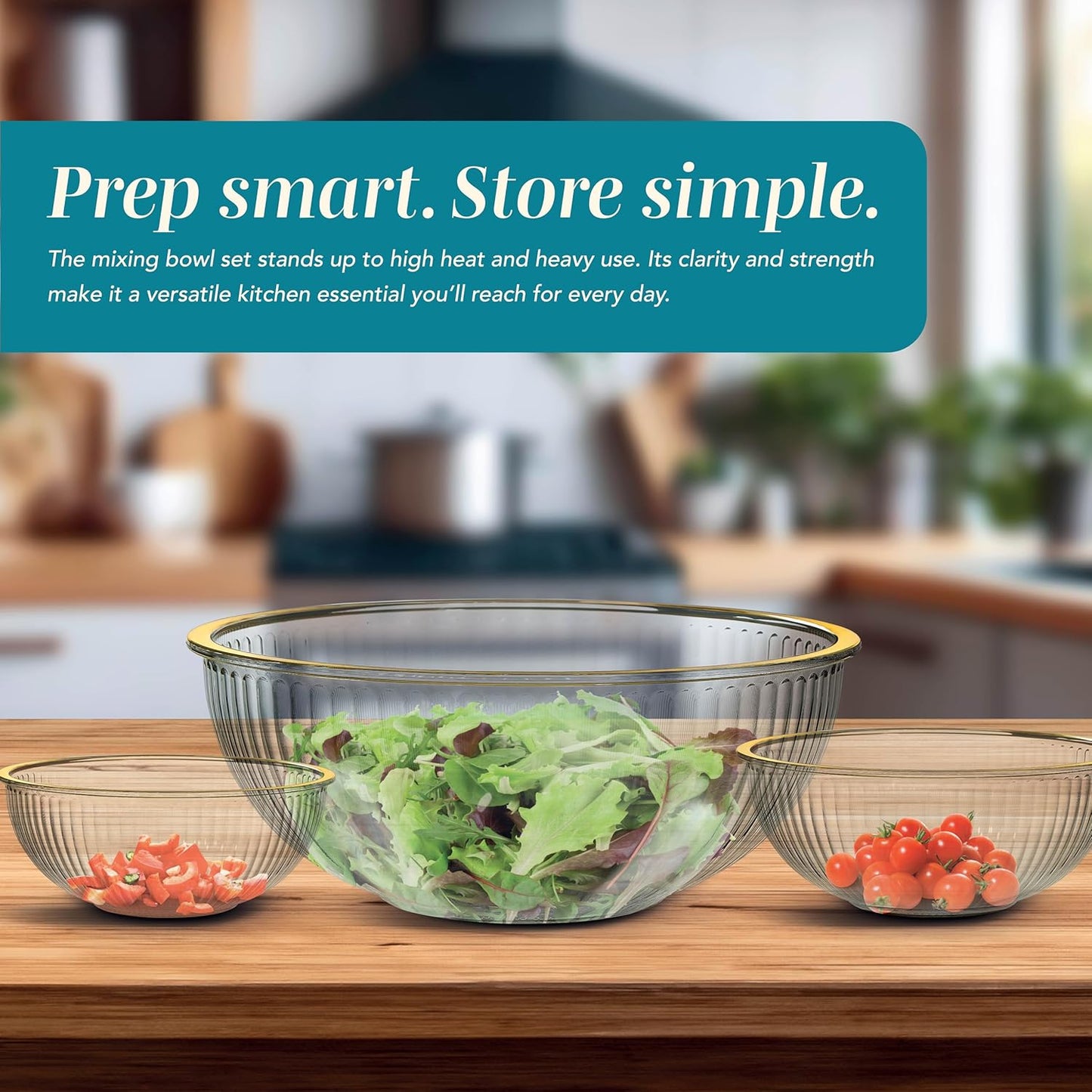 COOK WITH COLOR 12 Pc Glass Mixing Bowl Set with Lids – Borosilicate Glass Nesting Bowls for Cooking, Baking and Meal Prep, Fluted with Gold Rim