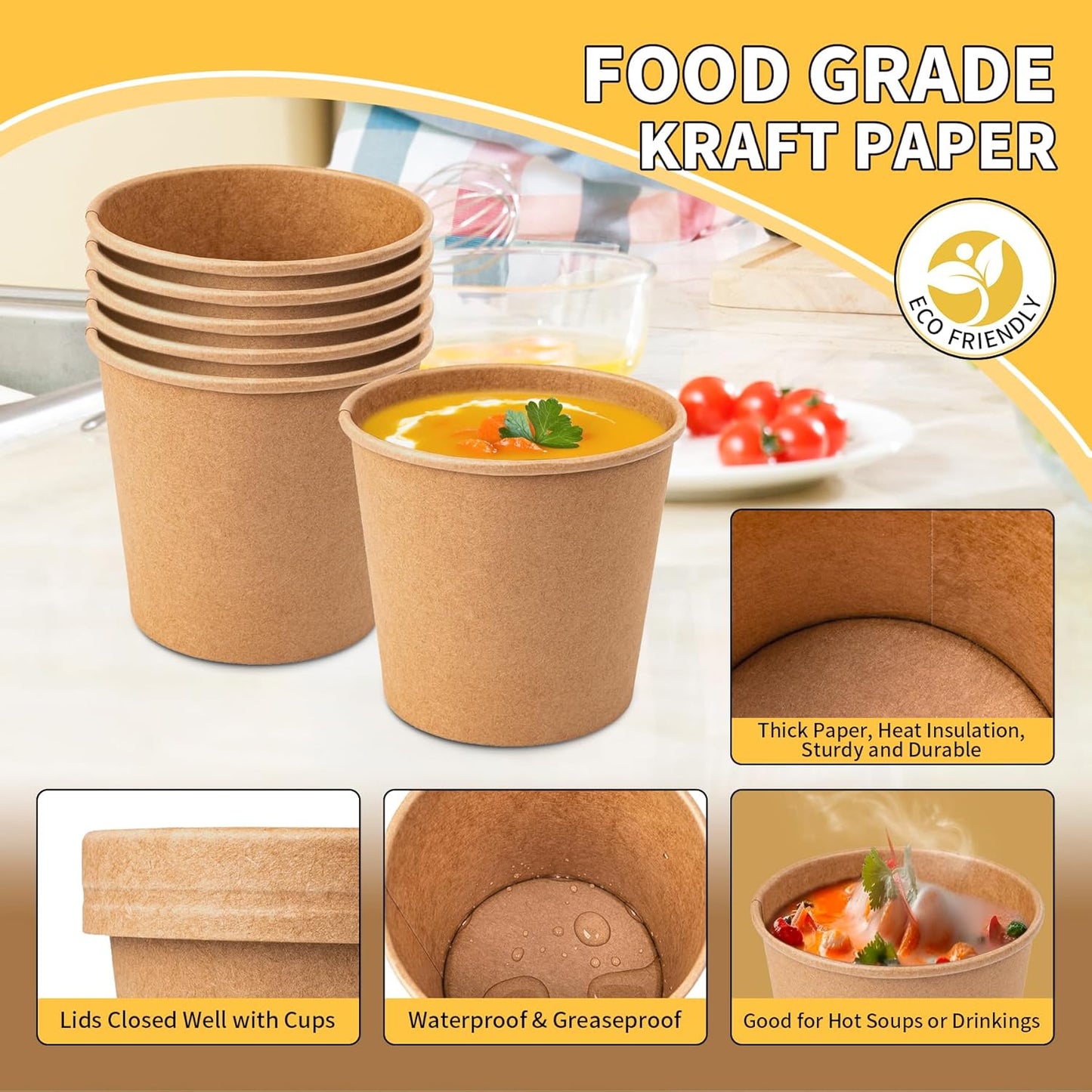 Paper Soup Bowls with Lids, Disposable Ice Cream Cups Kraft Paper Soup Bowls 26oz To Go Soup Containers with Lids for Hot Soups, Food Storage, Ice Creams(10 Sets, 26 oz)