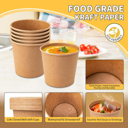 Paper Soup Bowls with Lids, Disposable Ice Cream Cups Kraft Paper Soup Bowls 26oz To Go Soup Containers with Lids for Hot Soups, Food Storage, Ice Creams(10 Sets, 26 oz)