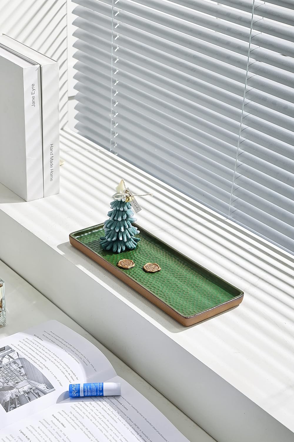 Vanity Tray with Brown Trim, Candle and Bathroom Organizer, Perfume Holder, Decorative Countertop Tray for Dresser, Table, Home Decor, Rectangular, Green, 12"4.7"