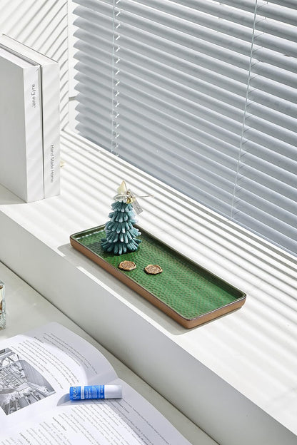 Vanity Tray with Brown Trim, Candle and Bathroom Organizer, Perfume Holder, Decorative Countertop Tray for Dresser, Table, Home Decor, Rectangular, Green, 12"4.7"