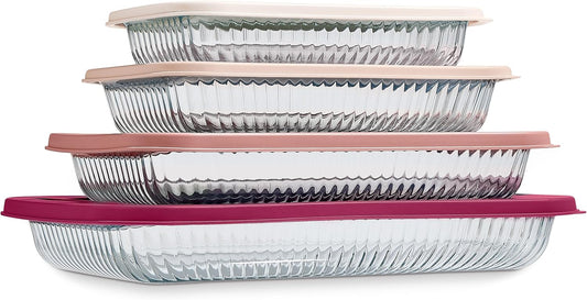 COOK WITH COLOR 8-Piece Deep Glass Baking Dish Set with Plastic Lids – Casserole and Food Storage Containers for Lasagna, Leftovers – Freezer-to-Oven, Microwave & Dishwasher Safe, Fluted Rose