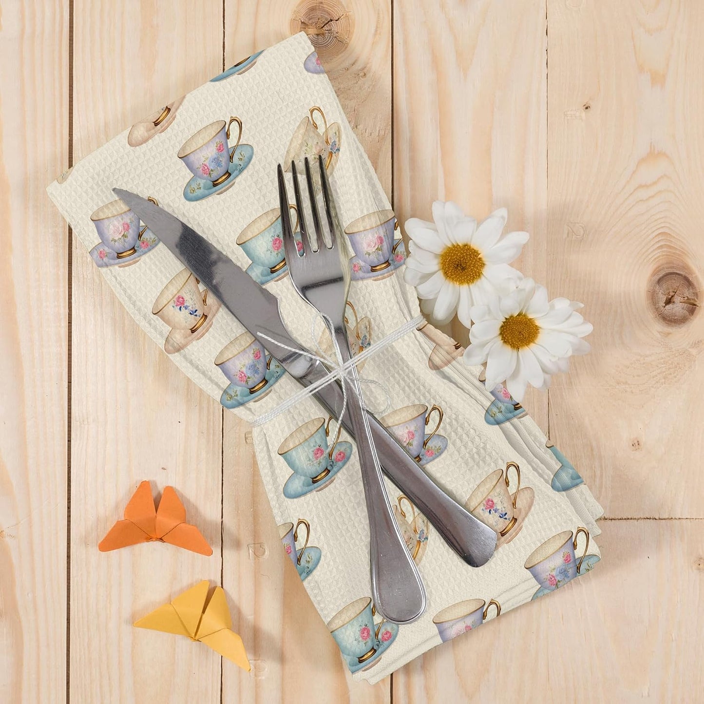 Vintage Spring Floral Teacups Kitchen Dish Towels, Retro Tea Coffee Lovers Gifts for Women Girls, Tea Time Decor, Roses Flower Cups Hand Towels Kitchen Teas Towels Decorations, 16x24inch