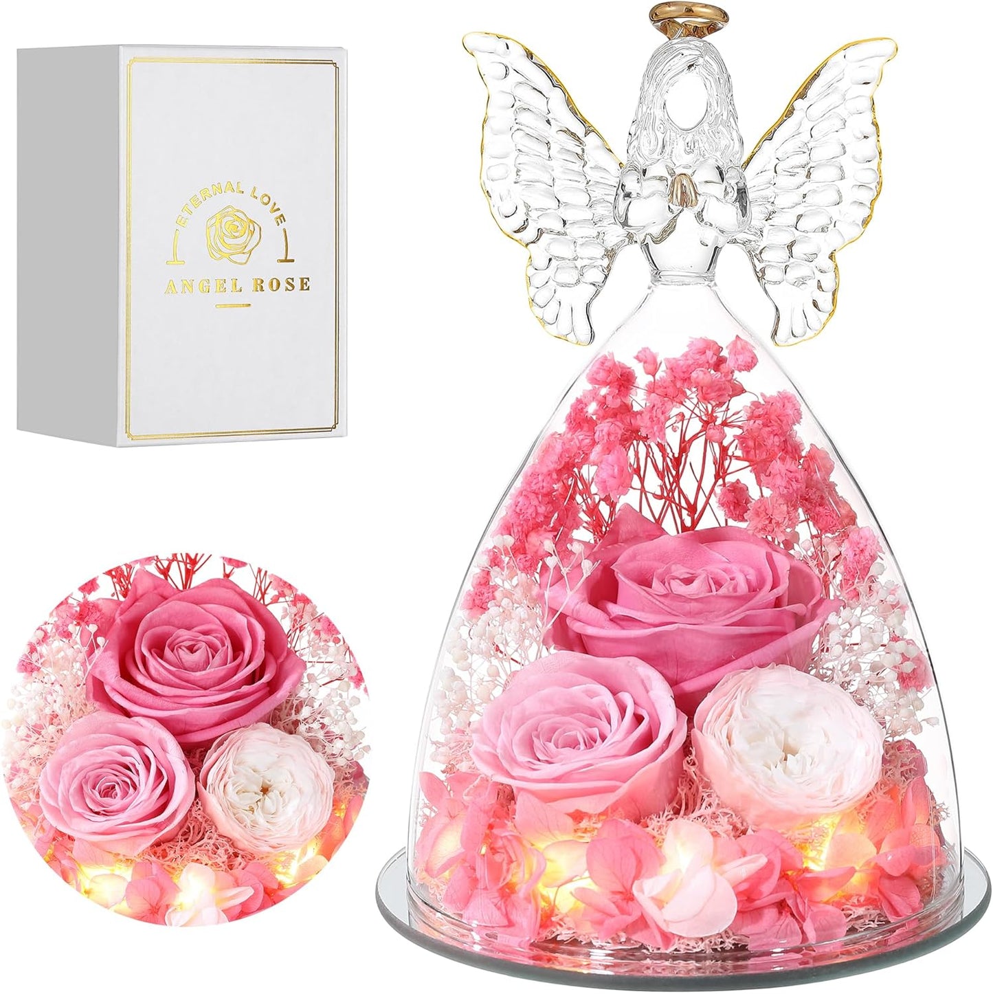 Christmas Rose Gifts for Women Preserved Real Flower in Glass Angel Figurines Roses for Delivery Prime Birthday Gifts for Mom Grandma Girlfriend Wife Her,Pink Austin Roses