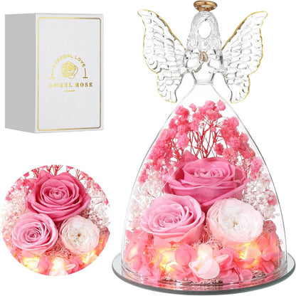 Christmas Rose Gifts for Women Preserved Real Flower in Glass Angel Figurines Roses for Delivery Prime Birthday Gifts for Mom Grandma Girlfriend Wife Her,Pink Austin Roses