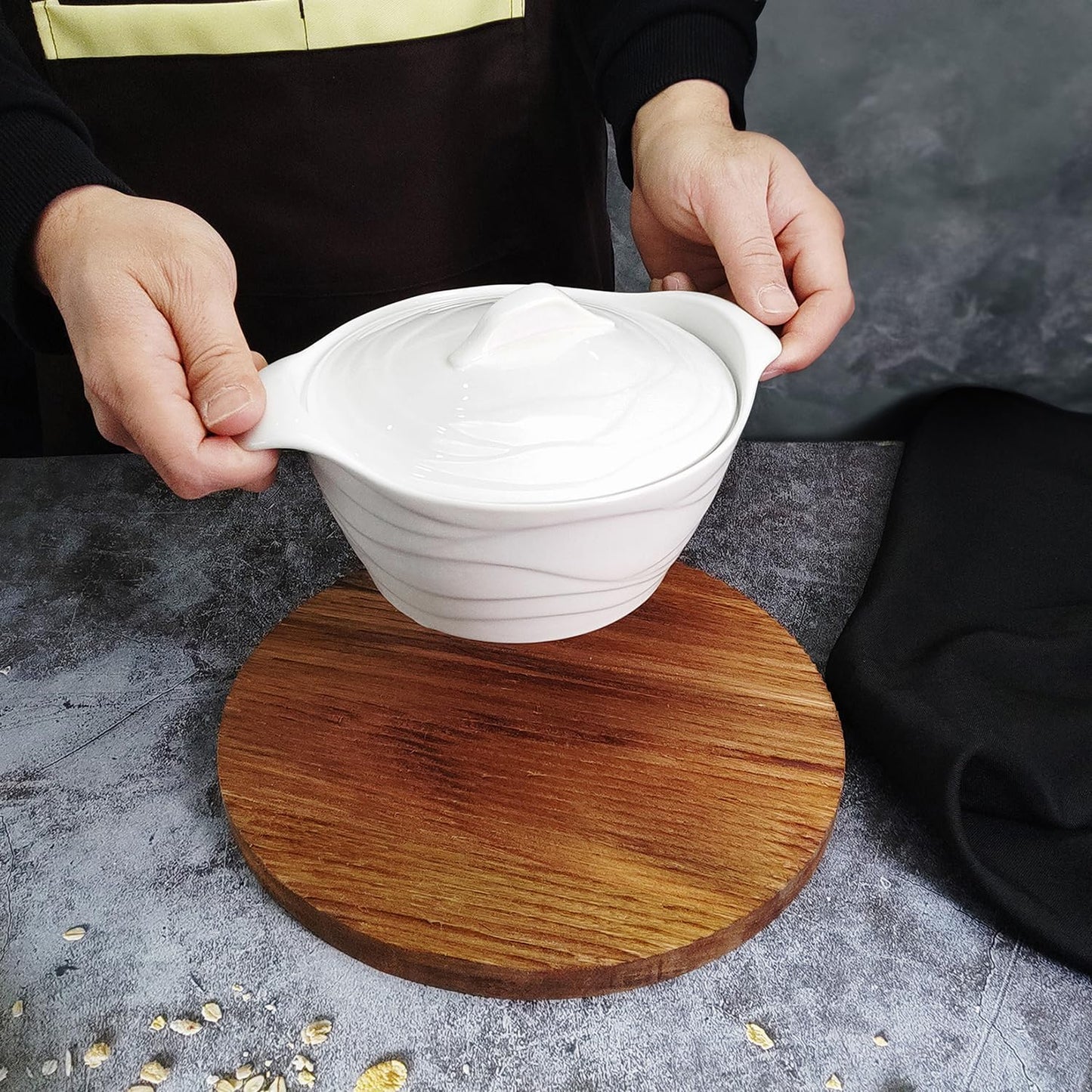 Casserole Dish 31.8 ounce French White Ceramic Bakeware Set with Lids, Chip and Crack Resistant Stoneware Baking Dish, Microwave, Dishwasher, Oven, Freezer and Fridge Safe (8.7 Inch)