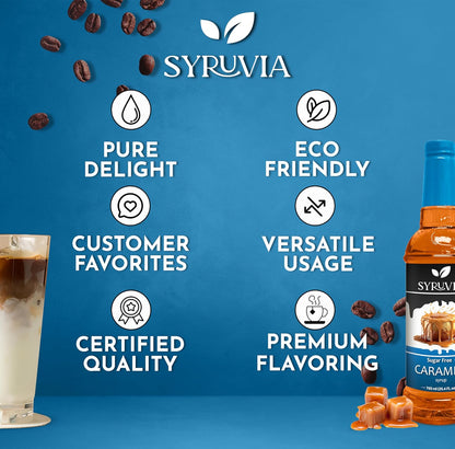 Syruvia Sugar Free Coffee Syrup, Caramel Flavored Syrup for Drinks, Lattes, and Desserts – 25.4 fl oz