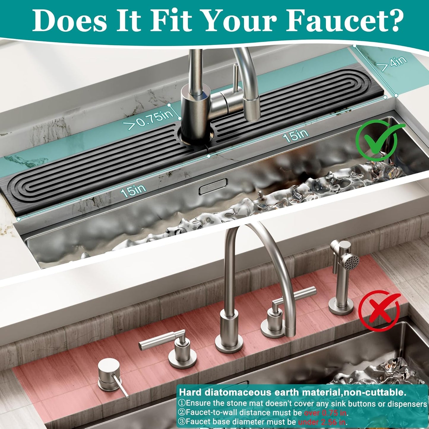 Stone Faucet Mat for Kitchen Sink - Quick Dry Diatomite Sink Splash Guard, Prevents Moisture Buildup & Water Stains, Water Absorbing Stone Tray for Bathroom Countertop (Dark Gray, 30" x 4")