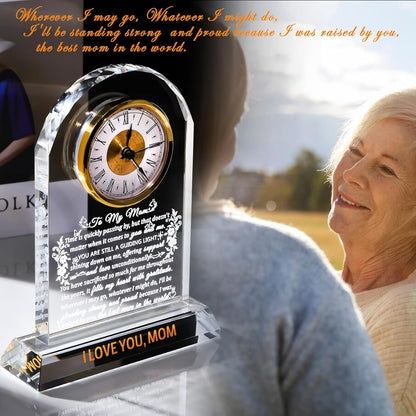 Gifts for Mom Crystal Clock Form Son Daughter on Mother's Day, Birthday - to My Mom Crystal Clock for Mother Desk Home Decor (8.8in, Gift Boxed)