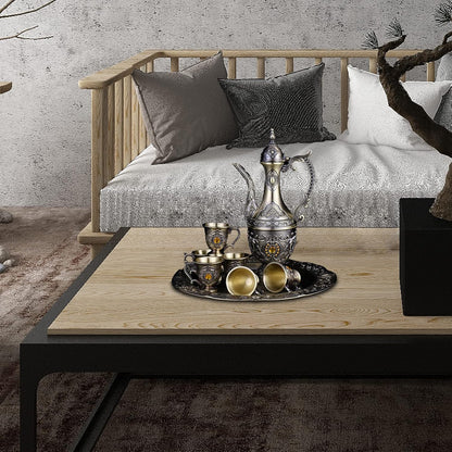 Vintage Turkish Coffee Pot and Cups Set,Tea Service Set Including Teapot,Tea Tray and Metal Cups for Wine Cabinet Decor,Wedding Ornaments (Bronze with Yellow Crystal)