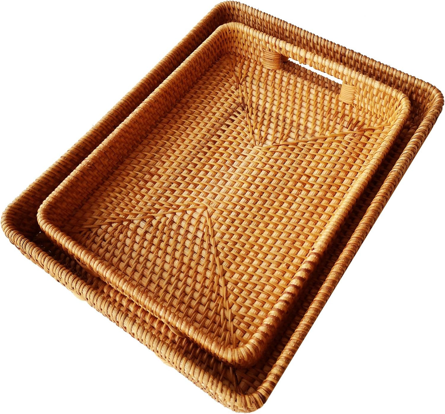 i-lan 2 Pack Natural Rattan Serving Trays with Handles – Handwoven Rectangular Wicker Baskets for Food, Bread, Fruit | Decorative Storage & Table Organizer with 2-Inch Wall (Small + Large)