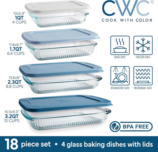 COOK WITH COLOR 8-Piece Deep Glass Baking Dish Set with Plastic Lids – Casserole and Food Storage Containers for Lasagna, Leftovers – Freezer-to-Oven, Microwave & Dishwasher Safe, Fluted Blue