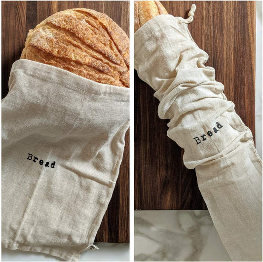 Combo Set of One 12"x15" Boule and One 6"x26" Baguette Farmhouse Natural Linen Bread Bags, Reusable Drawstring Bag for Homemade Bread Storage, Perfect for Bakers, House Warming, Etc.