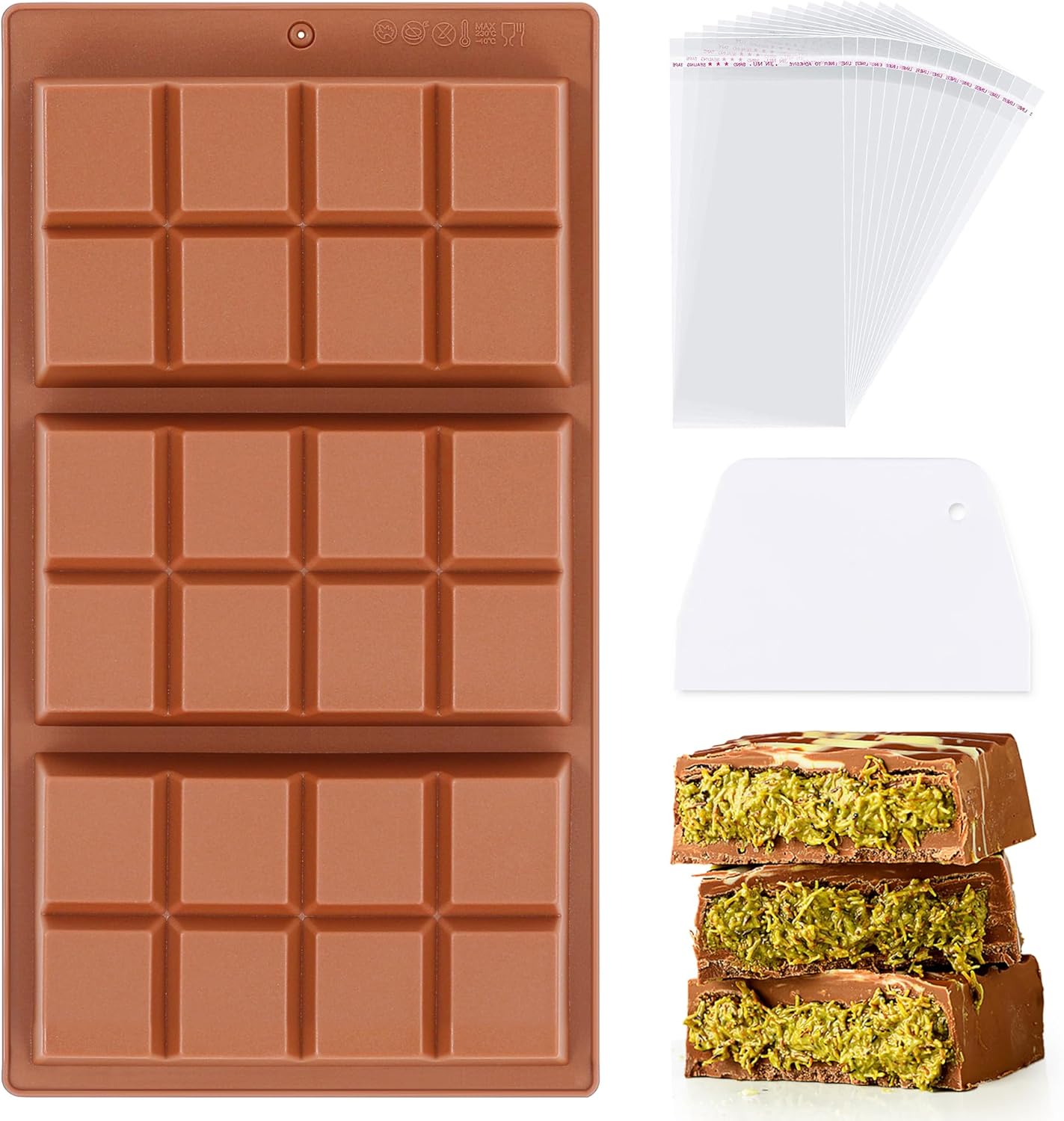 1 Pc Chocolate Bar Mold Deep Dubai 0.85 Inch Stuffed Large Chocolate Molds Silicone Break Apart Thick Silicone Molds for Candy Bar, With 100 Pcs Wrappers and 1 Pc Scrapers Set (8 Snap）