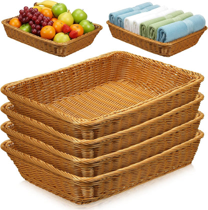 SHENLIU 4 Pack Wicker Bread Baskets 15.8 Inch Woven Serving Basket for Gifts, Fruit Baskets Food Serving Holders Rectangle Rattan Display Trays for Bread Food Vegetables Fruit Snacks Restaurant Home