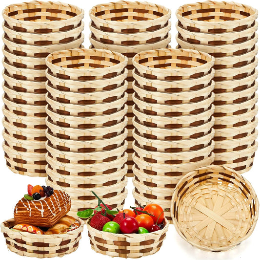 Sintuff 60 Pcs Small Woven Basket Round Bamboo Gift Baskets 6. 5 x 2 Inches Wicker Berry Bread Fruit Basket Empty Food Serving Baskets for Picnic Kitchen Restaurant