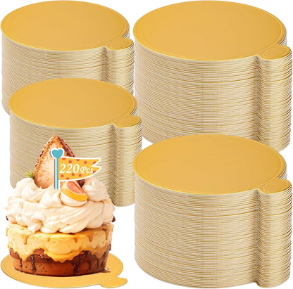 Jollidecor 220 PCS Mini Gold Cake Boards 3.5 inch & 3.15 inch Round Cake Base Mini Flan Tray Disposable Paper Plates for Cupcake, Dessert, Mousse Cake, Flan, Cheesecake
