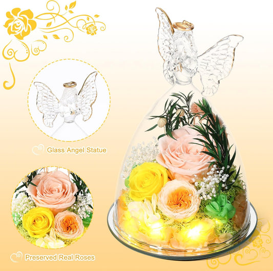 Christmas Rose Gifts for Women Preserved Real Flower in Glass Angel Figurines Roses for Delivery Prime Birthday Gifts for Mom Grandma Girlfriend Wife Her, Champagne Austin Roses