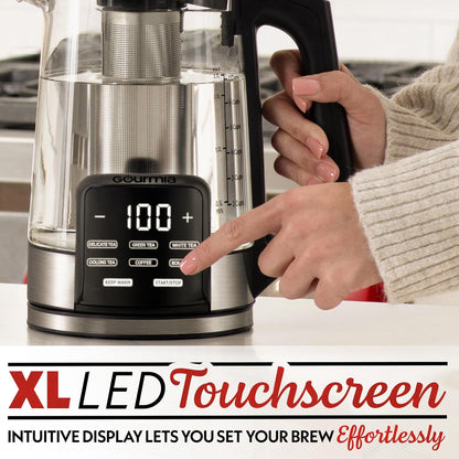 Gourmia Electric Programmable Glass Kettle – 1.7L Temperature Control Tea & Coffee Kettle with Digital Touch Display, 6 Presets, Keep Warm, Removable Stainless Steel Infuser, 360° Swivel Base – Peach