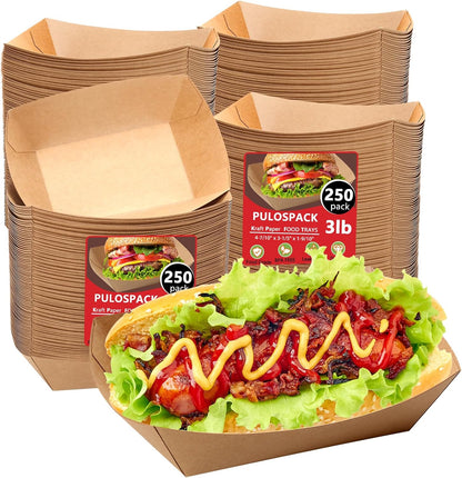 250 Pack 3lb Heavy Duty Kraft Leak Proof Paper Food Boats Disposable Nacho Trays Extra Large Food Serving Holder for Chips, Hot Dogs, Popcorn, Snacks, BBQ, Party, Picnic, Wedding (250)