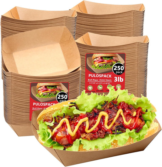 250 Pack 3lb Heavy Duty Kraft Leak Proof Paper Food Boats Disposable Nacho Trays Extra Large Food Serving Holder for Chips, Hot Dogs, Popcorn, Snacks, BBQ, Party, Picnic, Wedding (250)