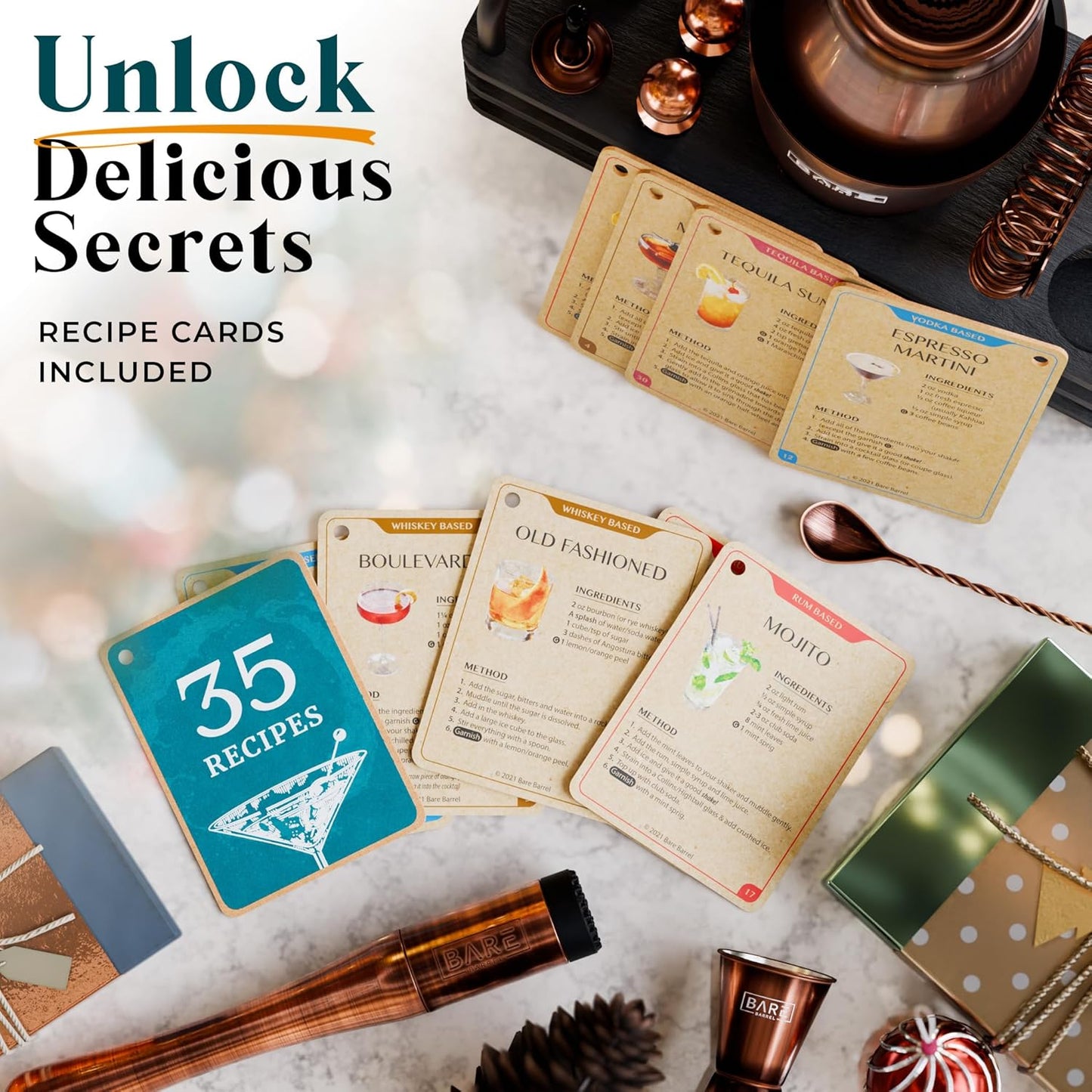BARE BARREL® Mixology Bartender Kit Bar Set | 14-Piece Cocktail Shaker Set | Martini Barware Mixing Tools for Home Bartending | 35 Recipe Cards | Gift Set (28oz Boston Shaker, Copper/Black)