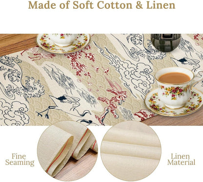 Japanese Crane Table Runner Chinoiserie Vintage Asian Landscape Mountain for Wedding Party Holiday Kitchen Dining Home Party, 13x120 Inch