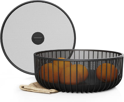 Metal Fruit Bowl with Mesh Lid and Basket - Fruit and Vegetable Holder For Kitchen Counter - Countertop Display Baskets Organizer - Bowl Storage for Veggie, Fruits, Snack, and Banana - Black