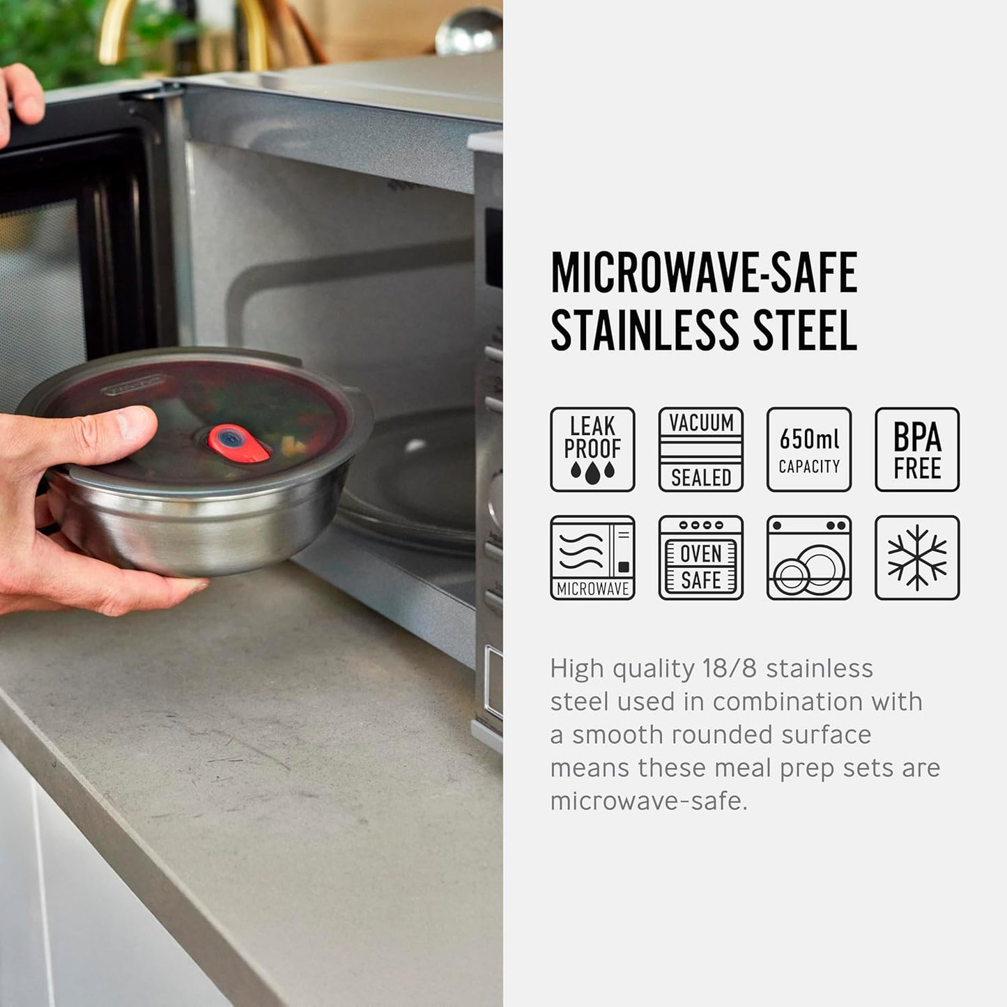 BLACK + BLUM Lunch Bowl - Reusable Meal Prep Containers for Picnic & Camping - Microwavable Stainless Steel Lunch & Dinner Food Storage Box with Leak Proof Lid - Dishwasher & Oven Safe - 650ml