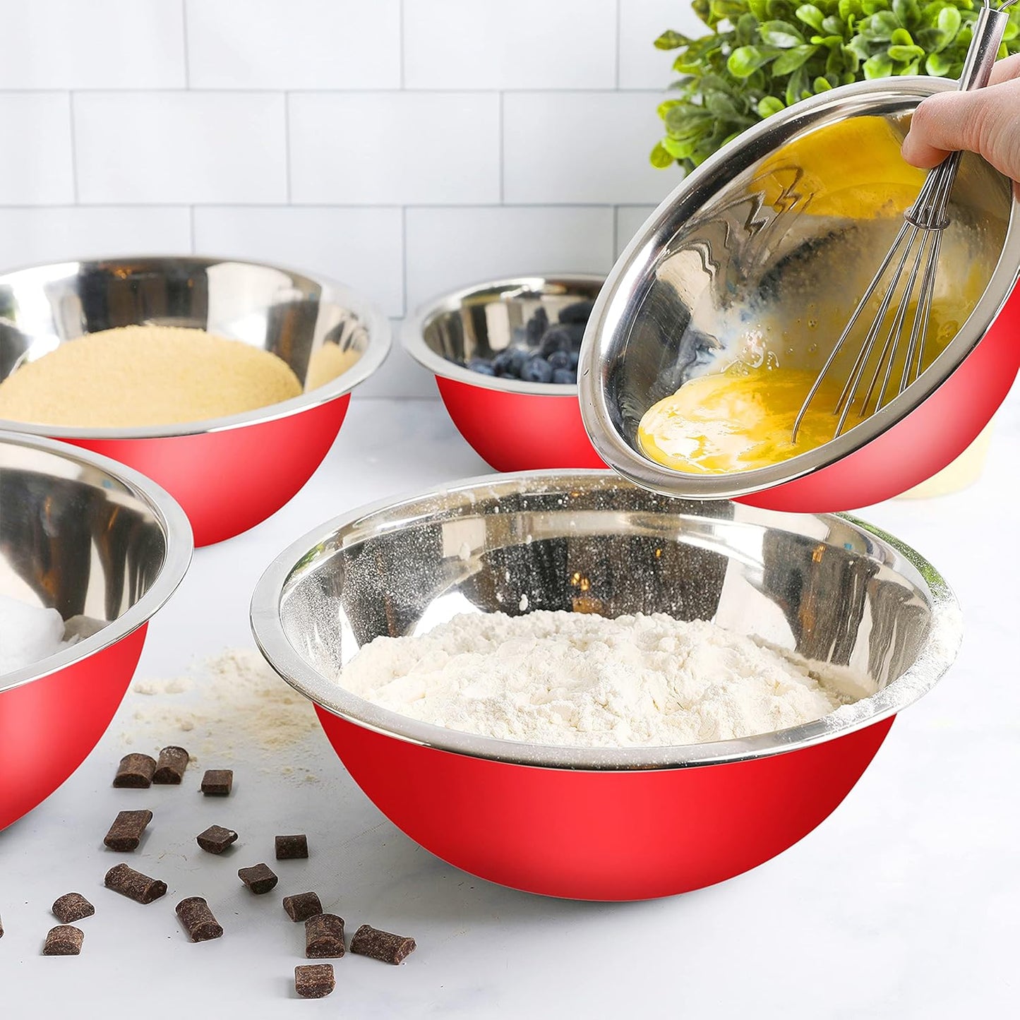 WHYSKO Meal Prep Stainless Steel Mixing Bowls Set, Home, Refrigerator, and Kitchen Food Storage Organizers | Ecofriendly, Reusable, Heavy Duty (Red)