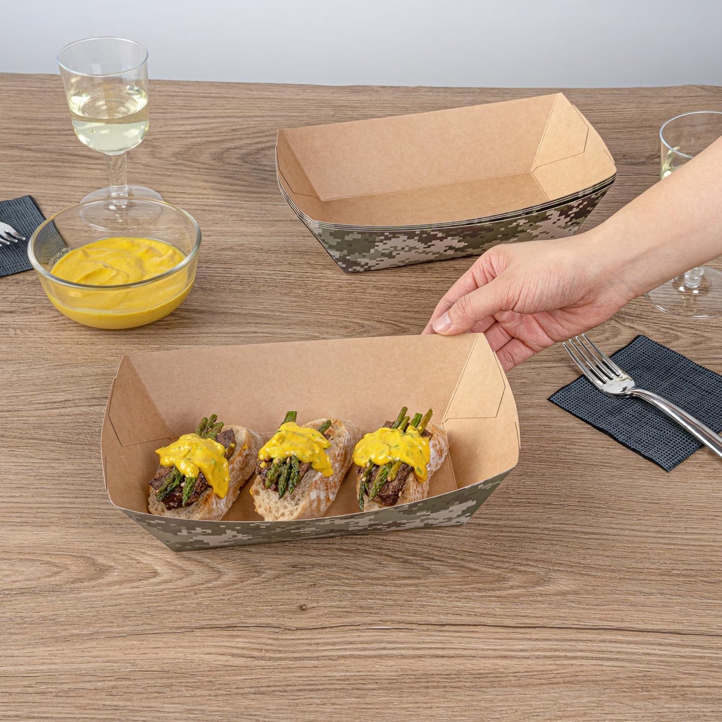 Restaurantware Bio Tek 2 Pound Food Boats 200 Disposable Paper Food Trays - Heavy-Duty Greaseproof Camouflage Paper Boats For Snacks Appetizers Or Treats Use At Parties Or Carnivals
