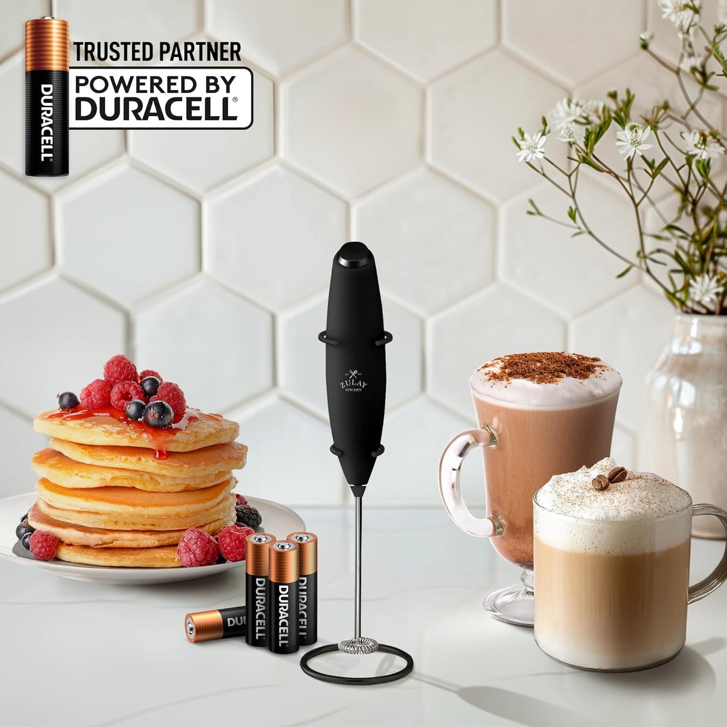 Zulay Kitchen Powerful Milk Frother Wand With 4 AA Duracell Batteries - Ultra Fast Handheld Drink Mixer - Electric Whisk Foam Maker for Coffee, Lattes, Cappuccino, Matcha & Creamer