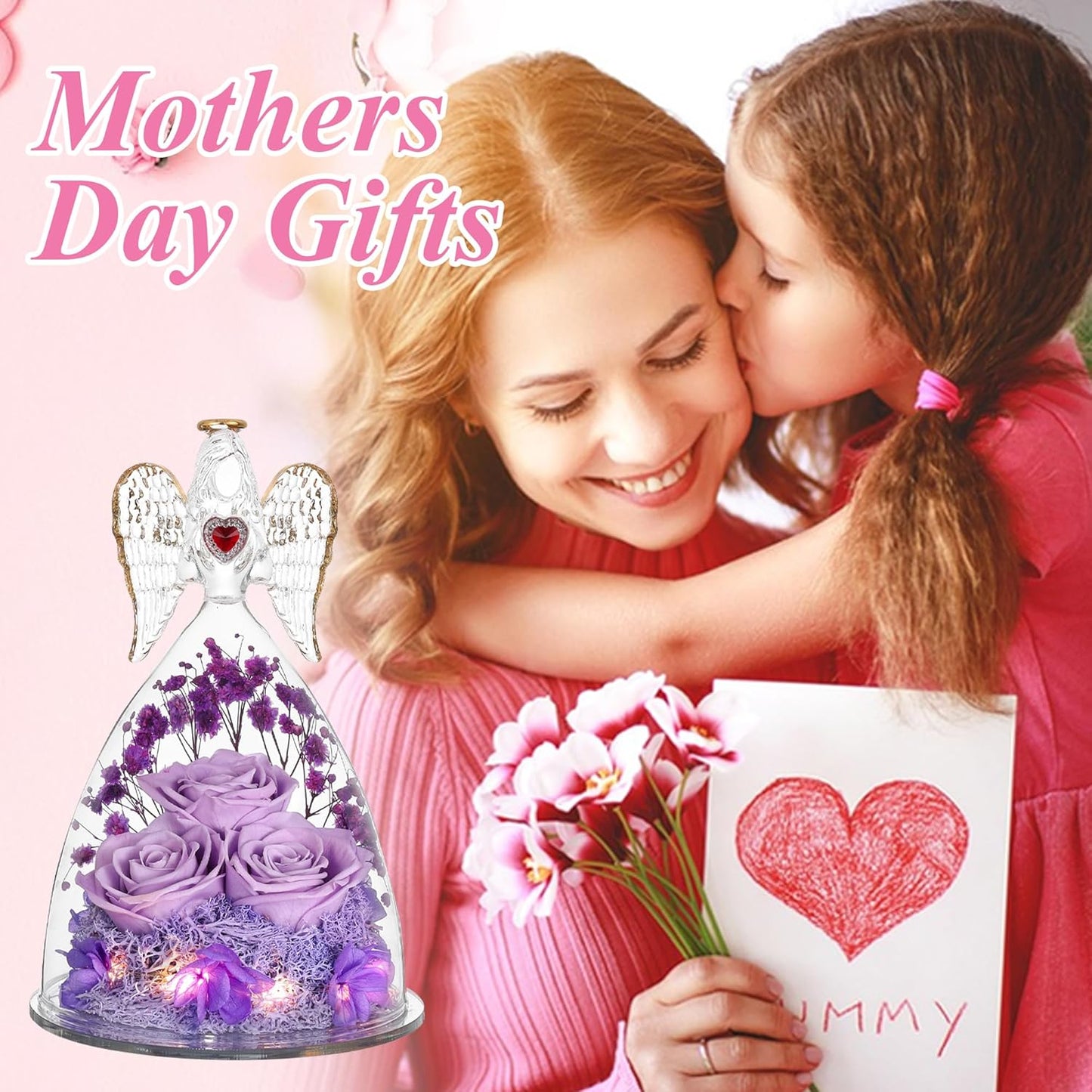 Mothers Day Rose Gifts for Women, Large Angel Figurines with Real Roses, Preserved Real Flower Rose for Her, Light Purple